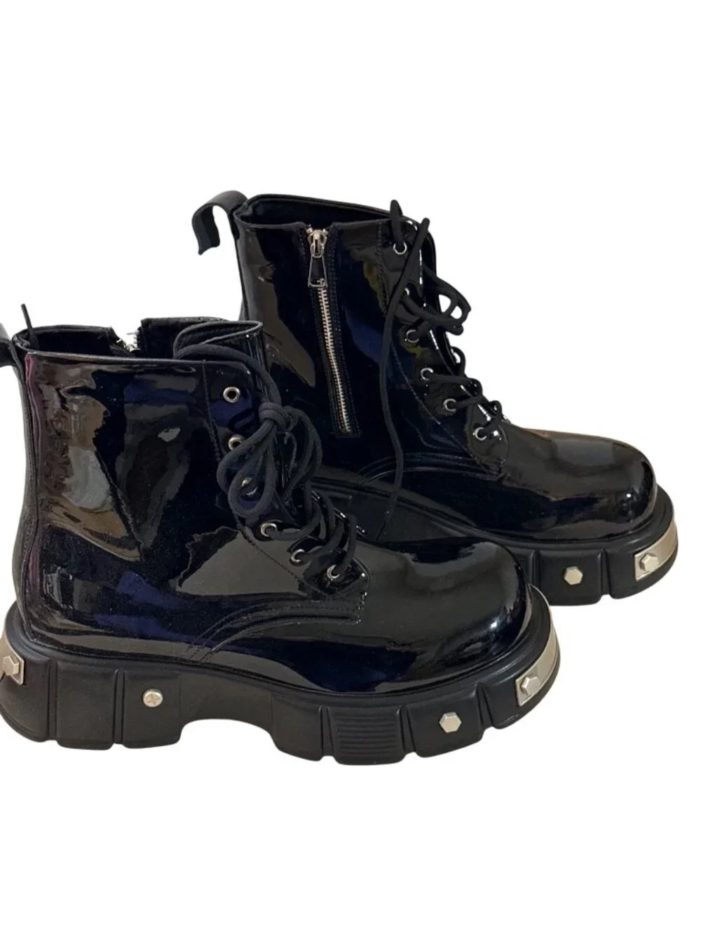 Black Platform Combat Boots Men 12 Goth Chunky Punk Metal Hardware Lace-Up Zip
